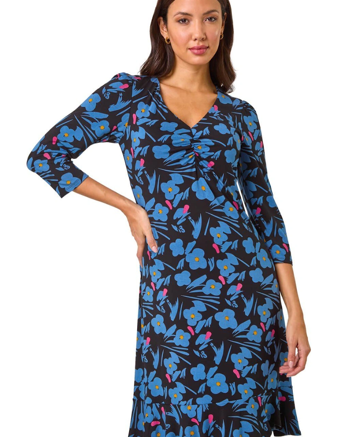 Floral Print V-Neck Ruched Dress, 2 of 1