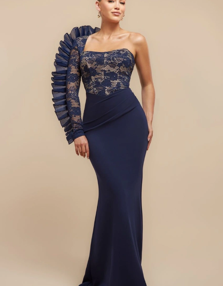 One Shoulder Organza  Fan Detail Lace Bodice Maxi Dress