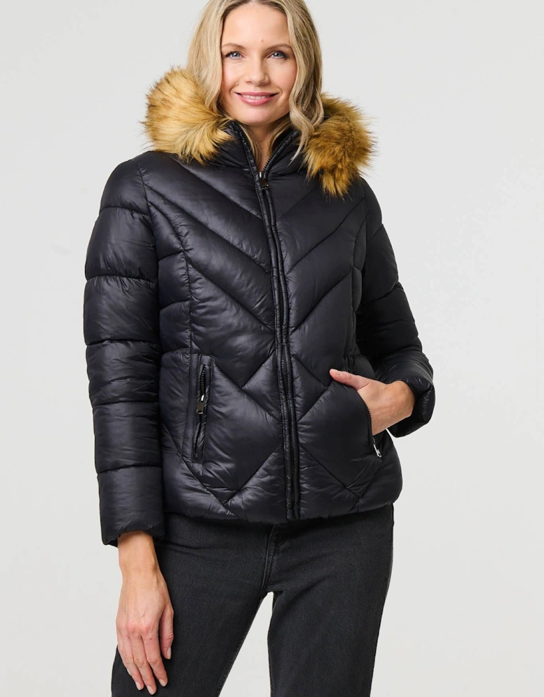 Faux Fur Trim Hooded Puffer Jacket