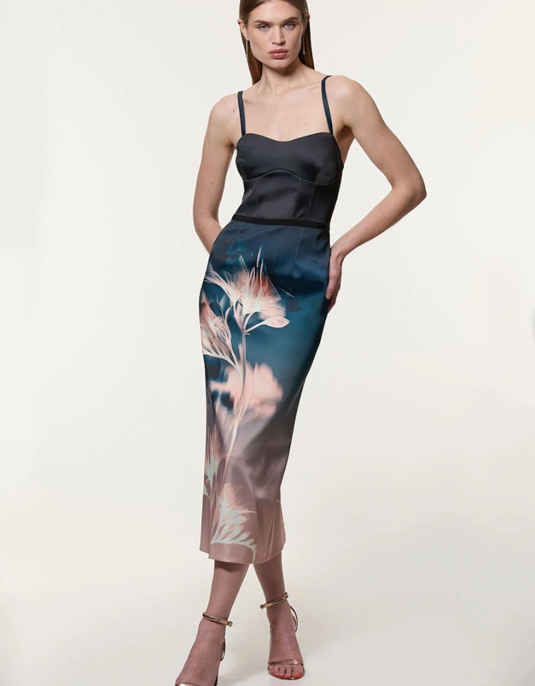 Petite Abstract Ombre Floral Italian Structured Satin Tailored Corset Midi Dress