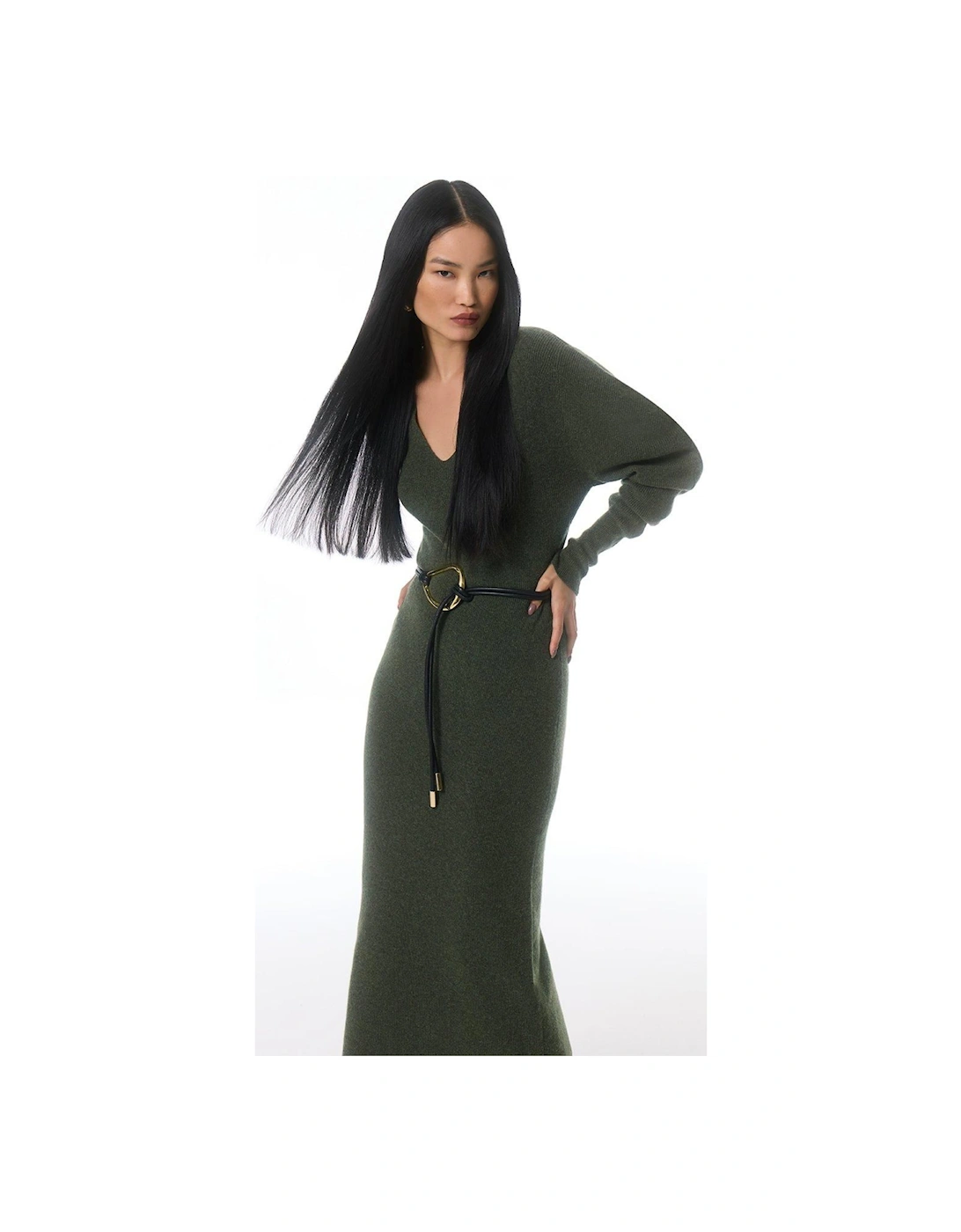 Alpaca Wool Blend Full Sleeve All Over Ribbed V Neck Knit Dress, 2 of 1