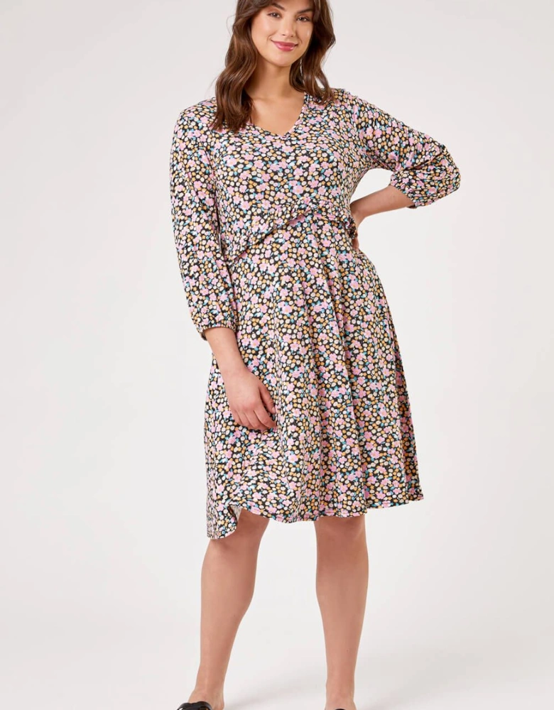 Curve Frill Detail Floral Print Dress