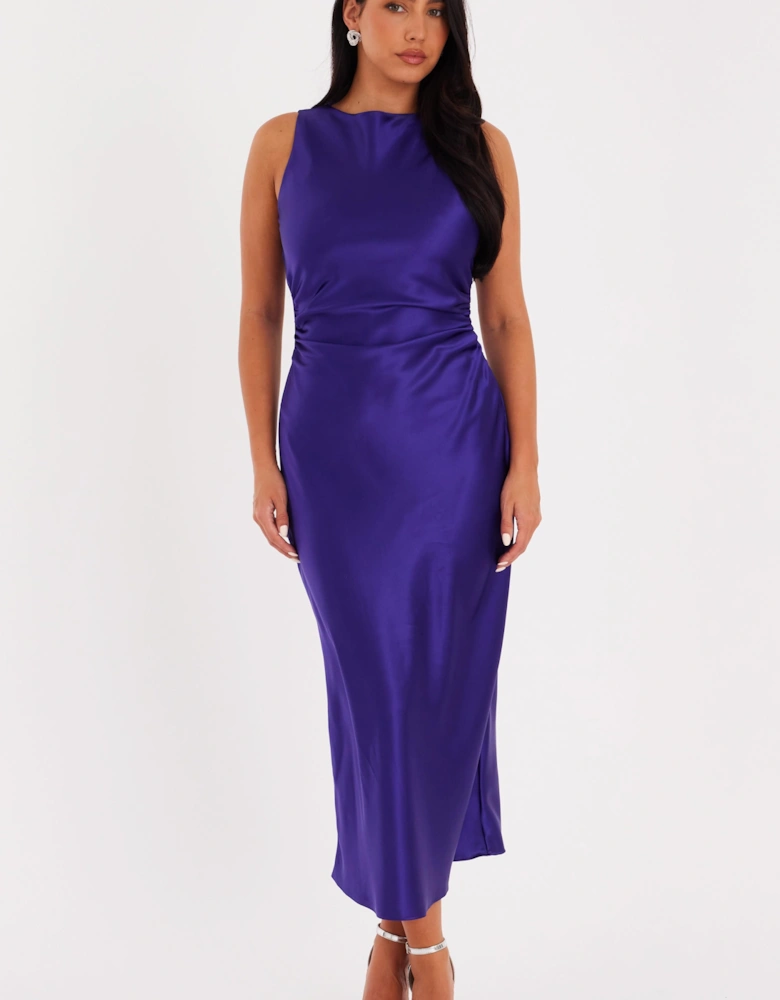 Purple Satin Ruched Midi Dress