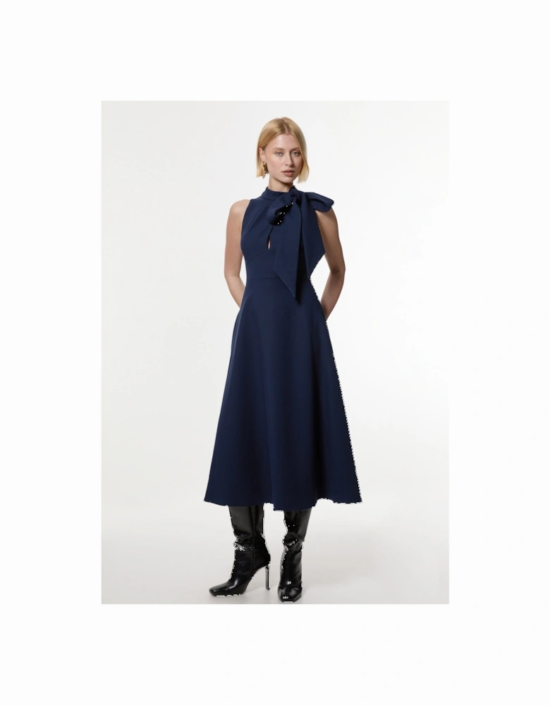 Compact Stretch Bow Tie Neck Full Skirted Midi Dress