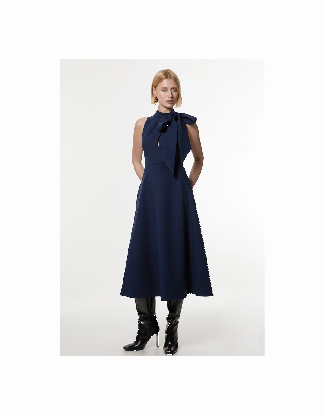 Compact Stretch Bow Tie Neck Full Skirted Midi Dress, 2 of 1