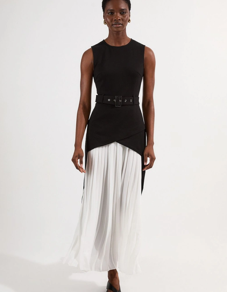 Ponte And Georgette Jersey Pleated Maxi Dress