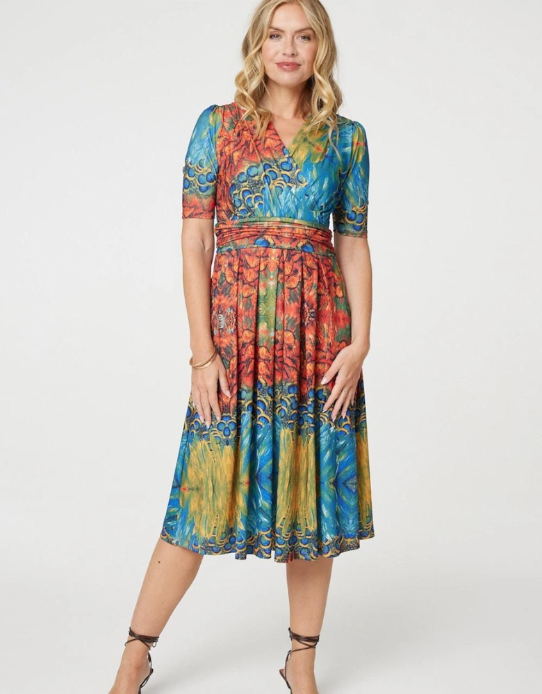 Printed Ruched Waist Faux Wrap Midi Dress