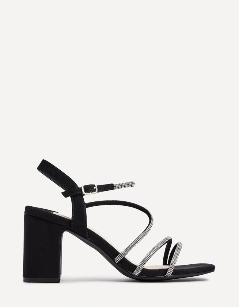 Kira Black Faux Suede Strappy Diamante Block Heel