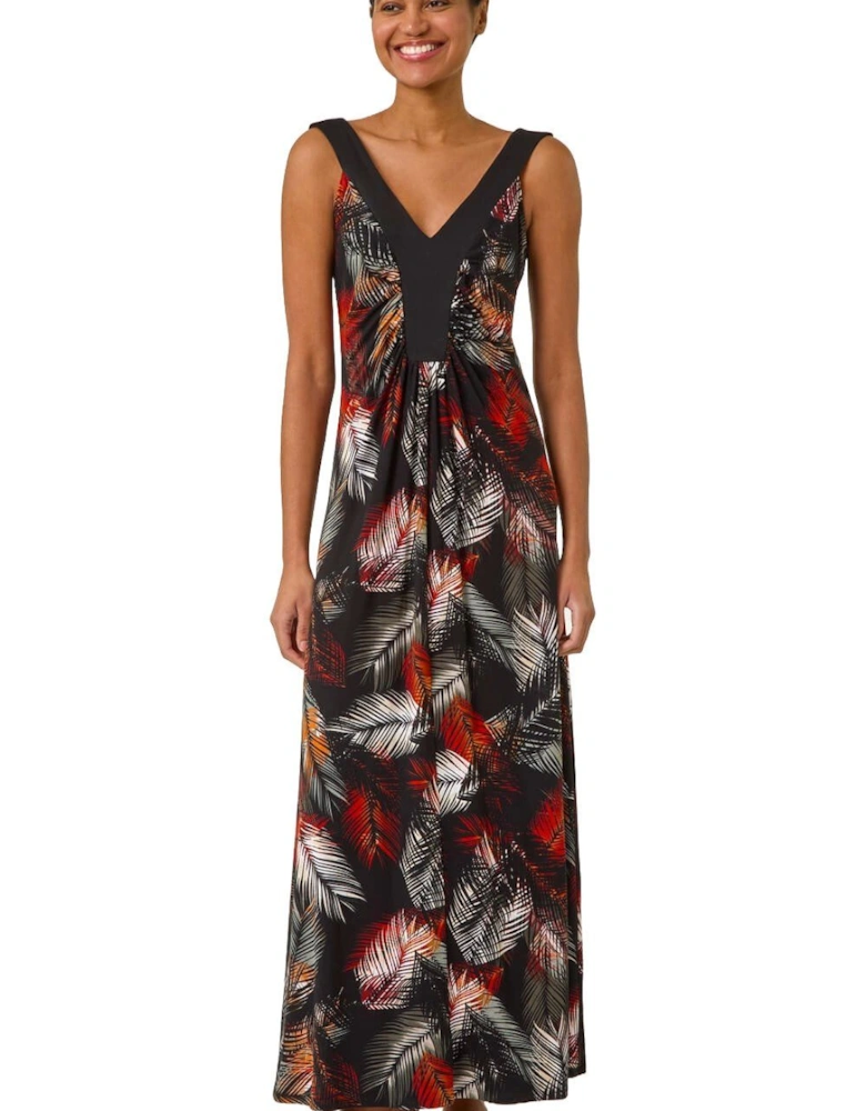 Palm Print Contrast Band Maxi Dress