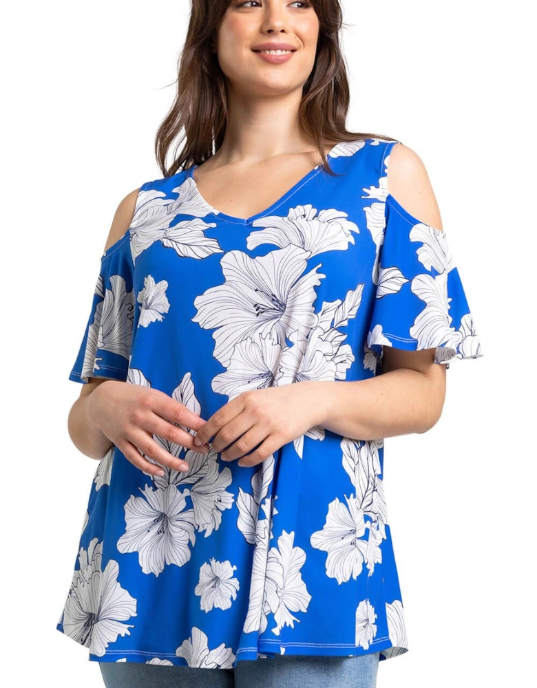 Curve Floral Print  V-Neck Cold Shoulder Top