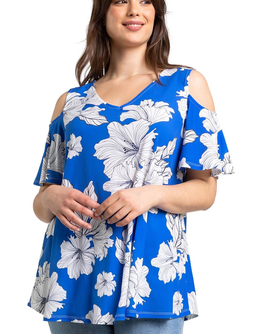 Curve Floral Print  V-Neck Cold Shoulder Top, 2 of 1