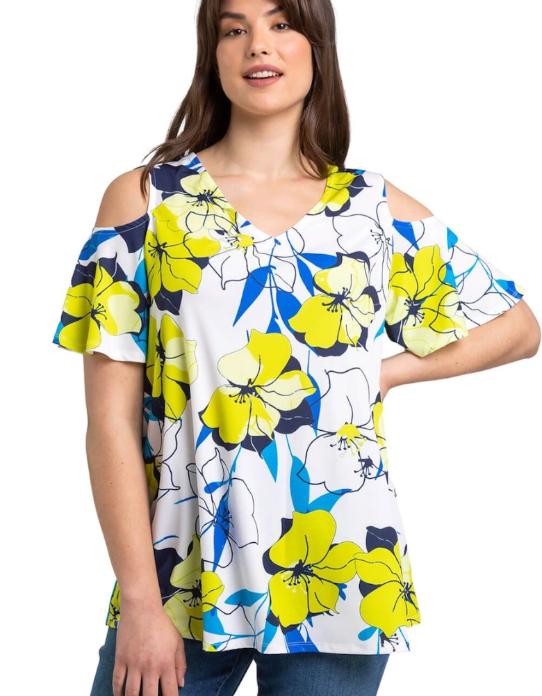 Curve Floral V-Neck Cold Shoulder Tunic Top