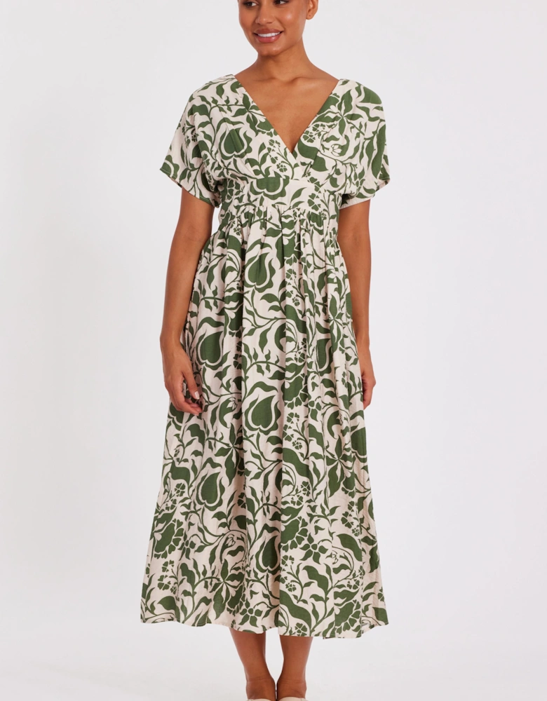 Khaki Tropical Print Midaxi Dress