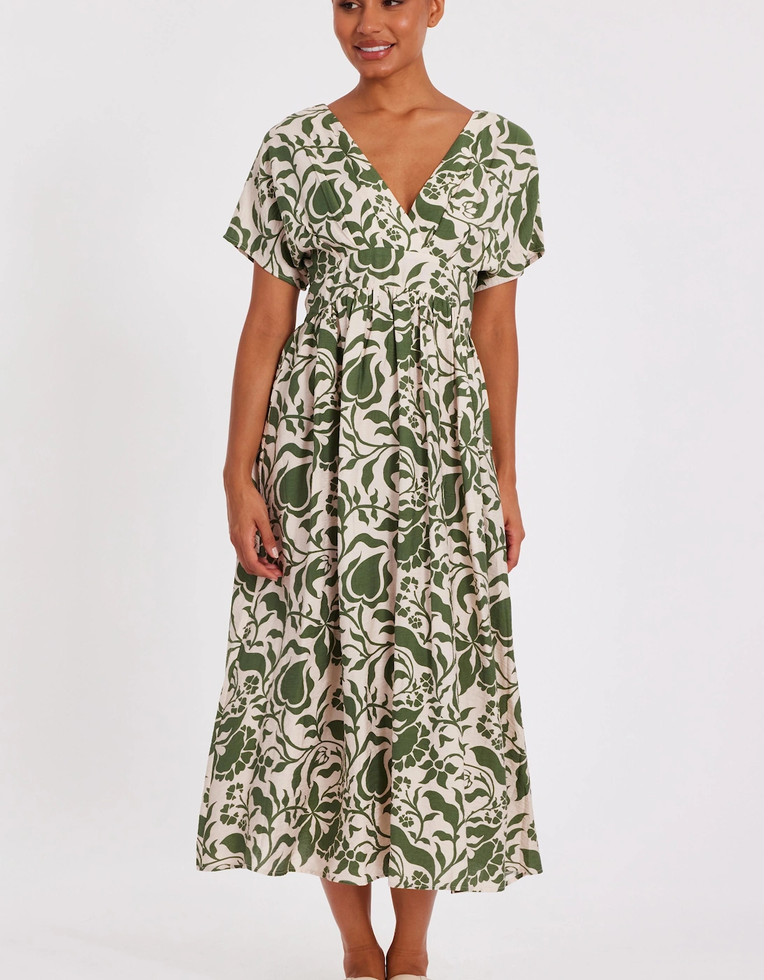 Khaki Tropical Print Midaxi Dress, 2 of 1