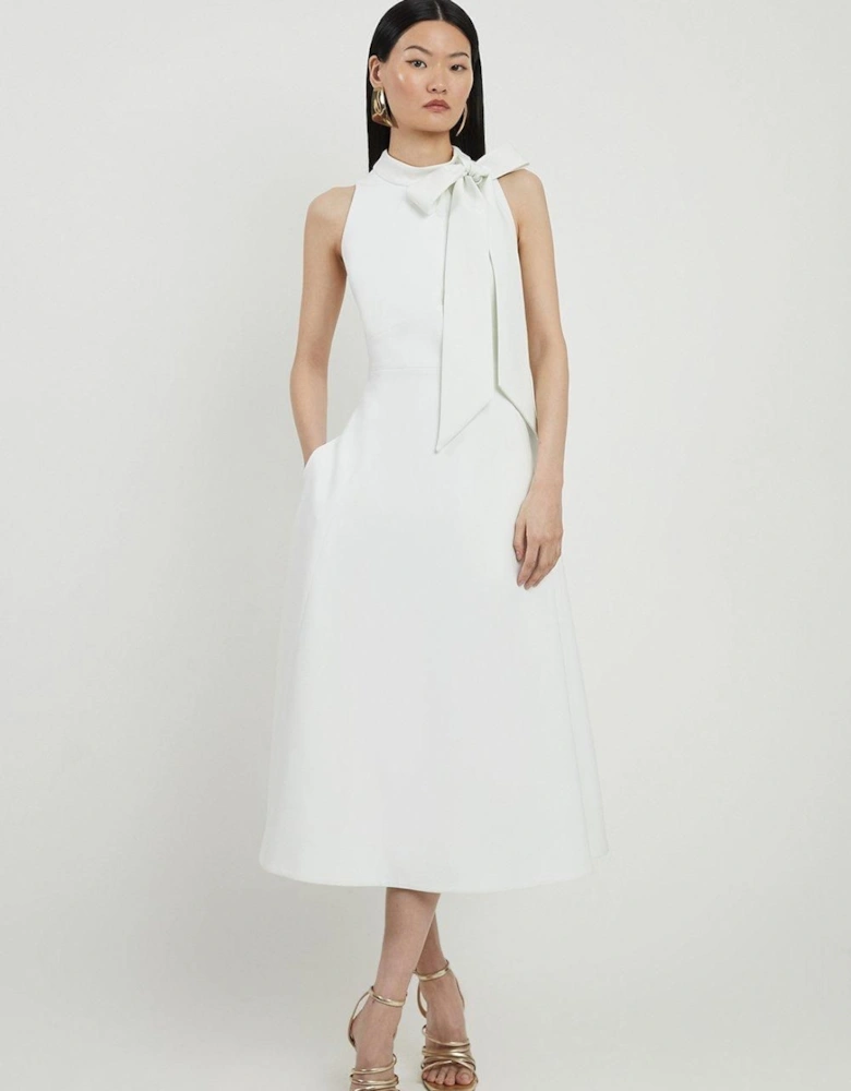 Compact Stretch Bow Tie Neck Full Skirted Midi Dress