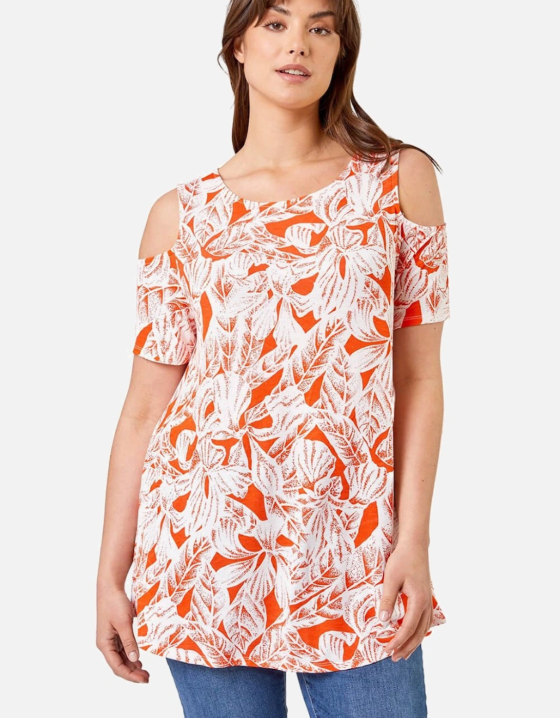Curve Leaf Print Cold Shoulder Jersey Top, 2 of 1