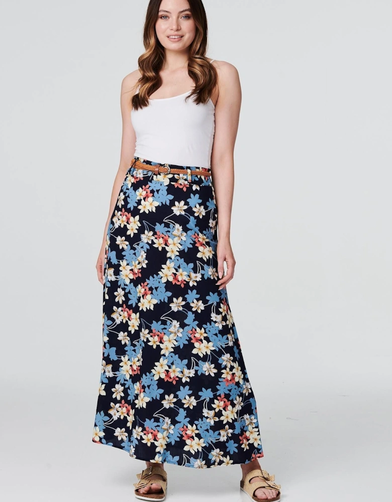 Floral Belted A-Line Maxi Skirt