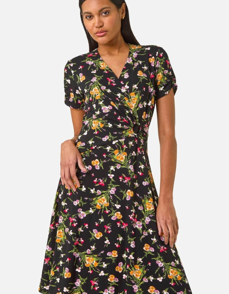 Floral Stretch Ring Detail Midi Dress