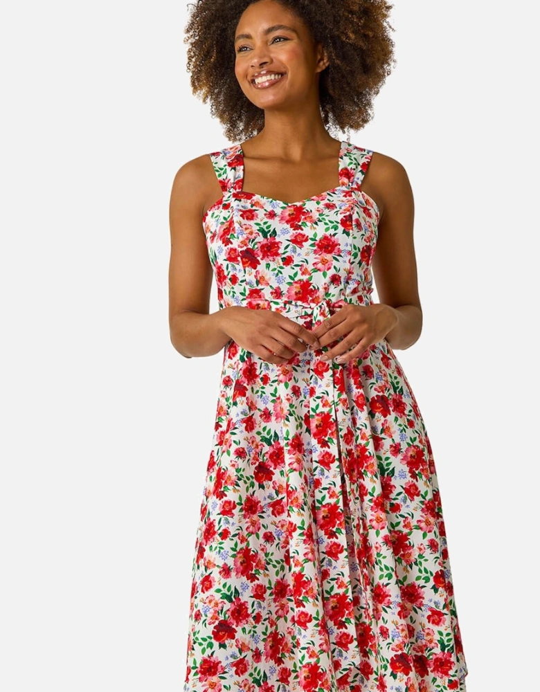 Floral Tie Waist Sweetheart Dress