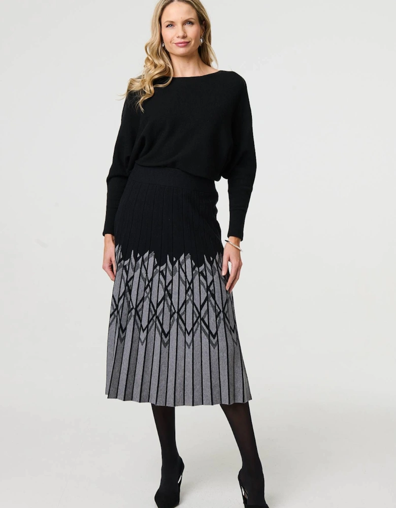 Geo Print Pleated Knit Midi Skirt