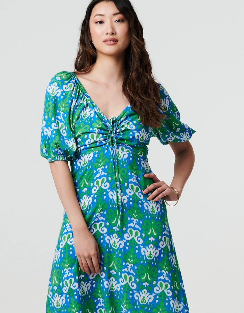 Printed Tie Bardot Neck Short Dress