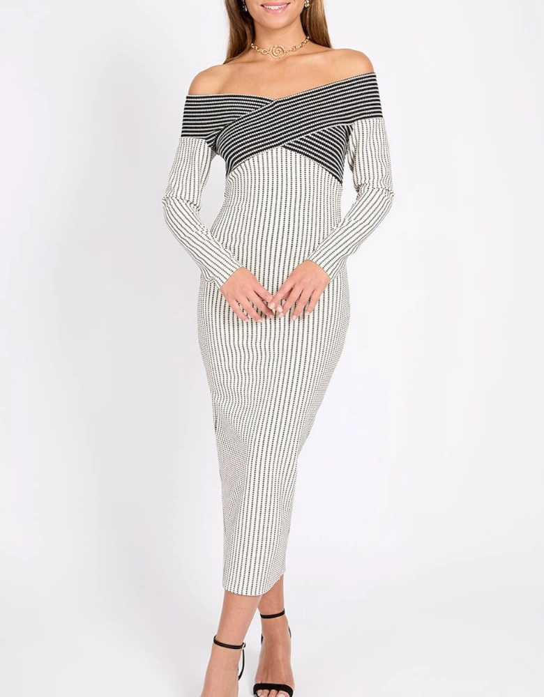 Monochrome Striped Textured Midaxi Dress
