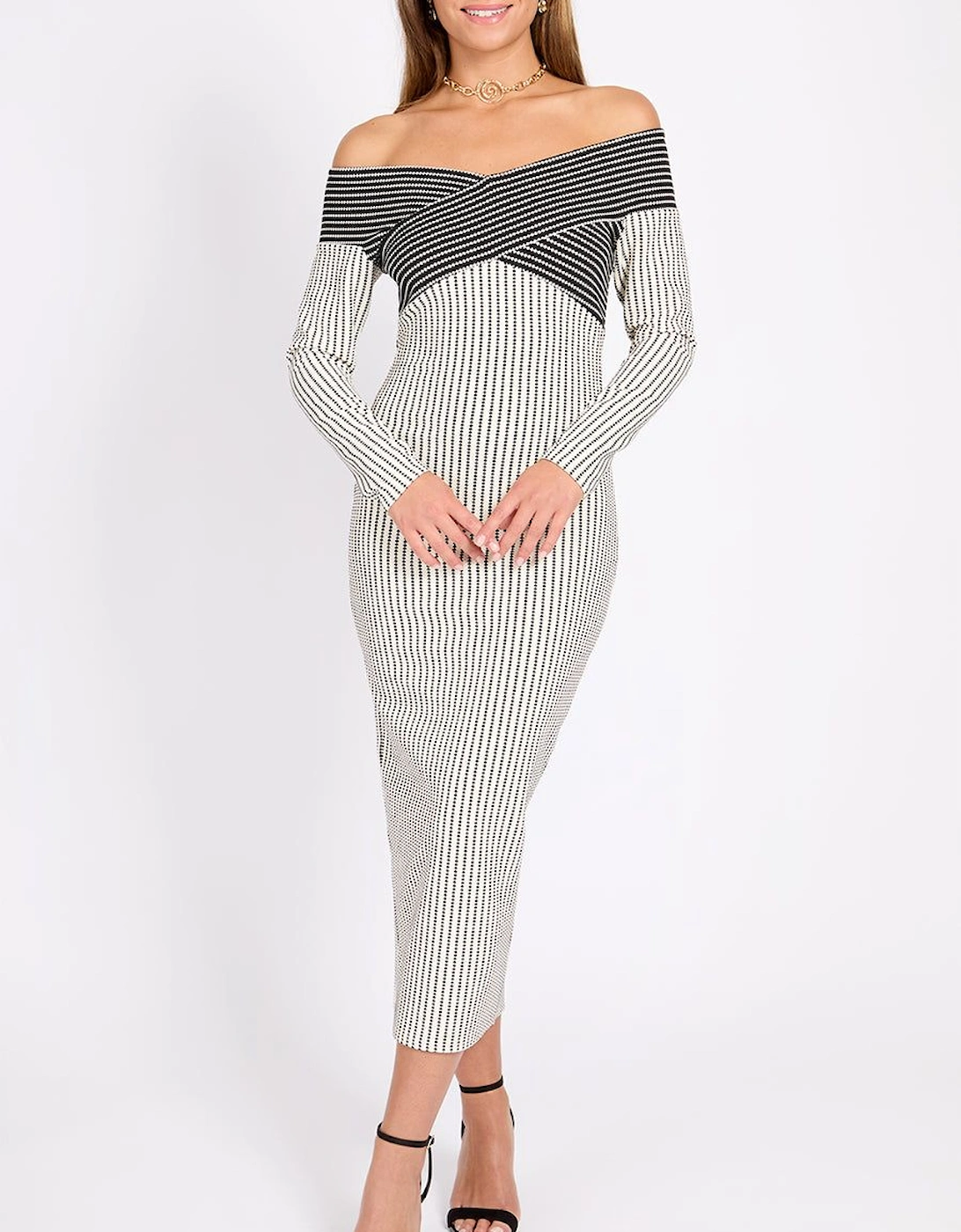 Monochrome Striped Textured Midaxi Dress, 2 of 1