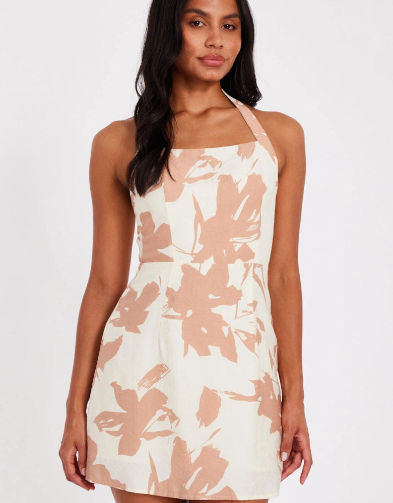 Off White Floral Halter Neck Dress