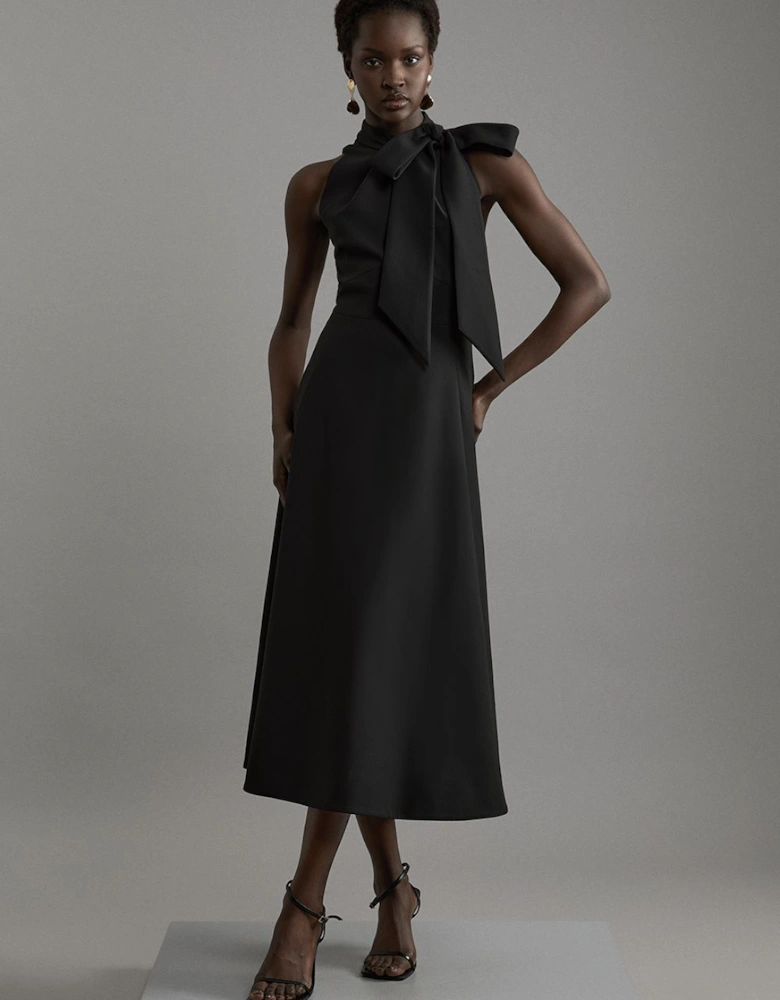 Compact Stretch Bow Tie Neck Full Skirted Midi Dress