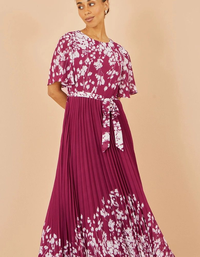 Burgundy Mirror Floral Design Pleated Midi Dress