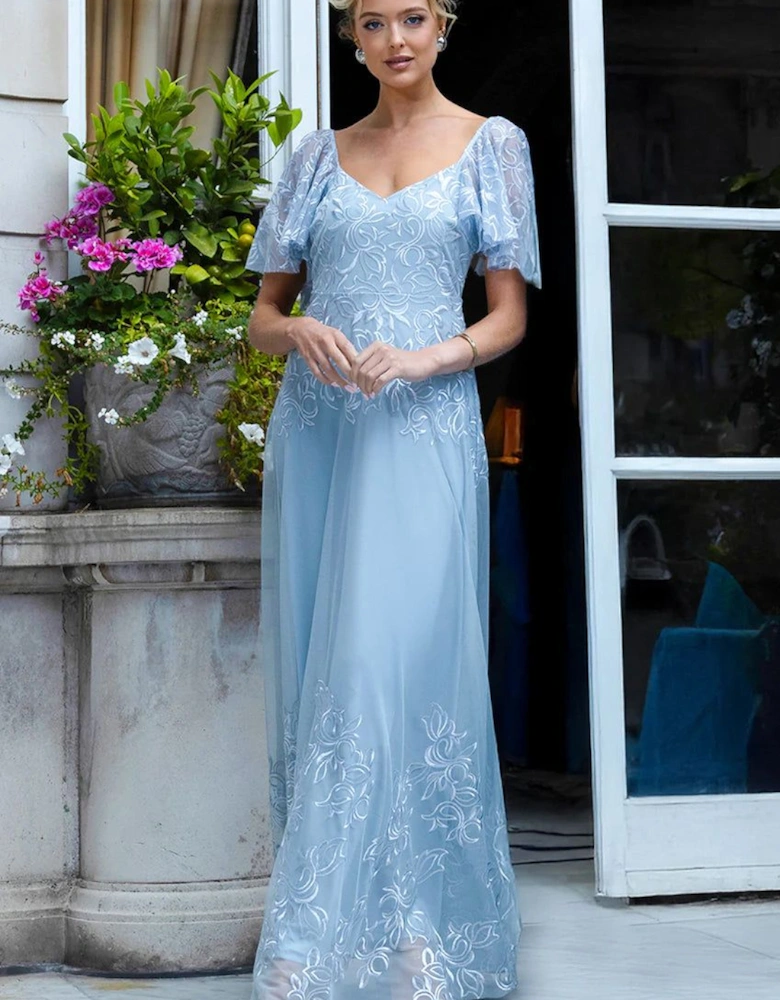 Lace Flutter Sleeve Embroidered Mesh A Line Maxi Dress