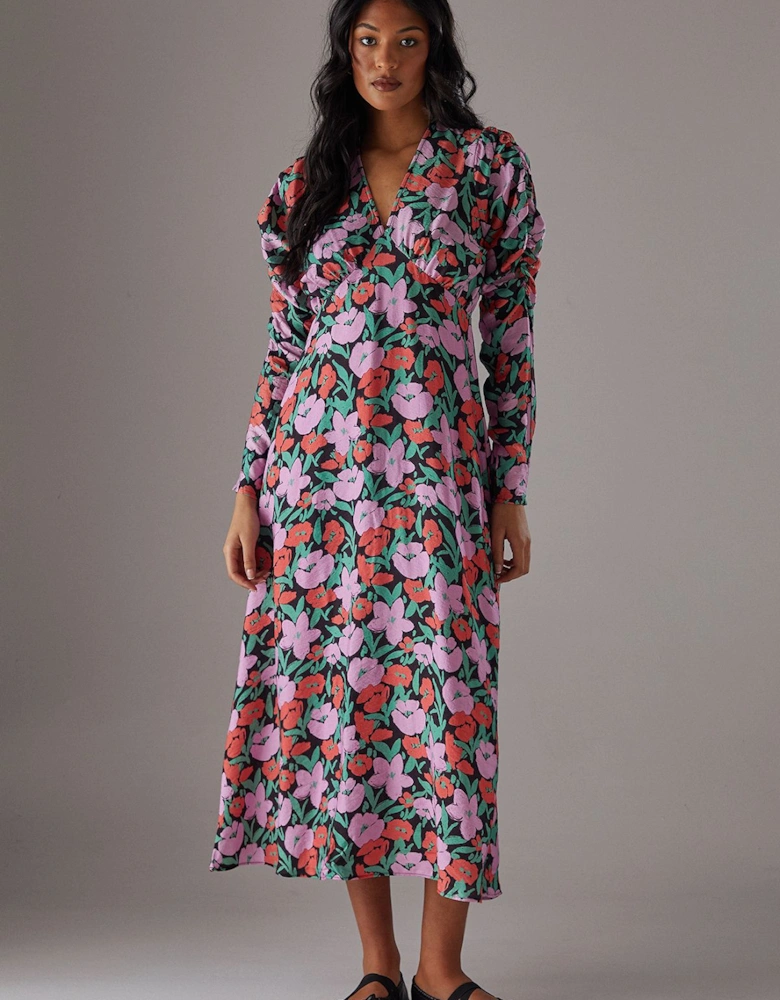 Floral Viscose V Neck Long Puff Sleeve Midi Dress
