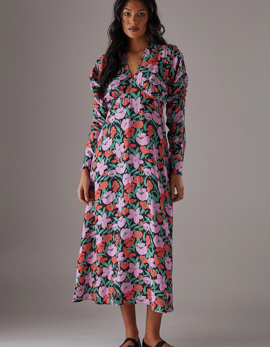 Floral Viscose V Neck Long Puff Sleeve Midi Dress, 2 of 1