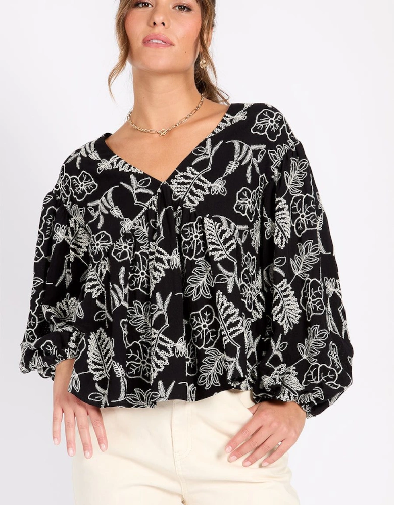 Black Embroidered Cotton Blouse