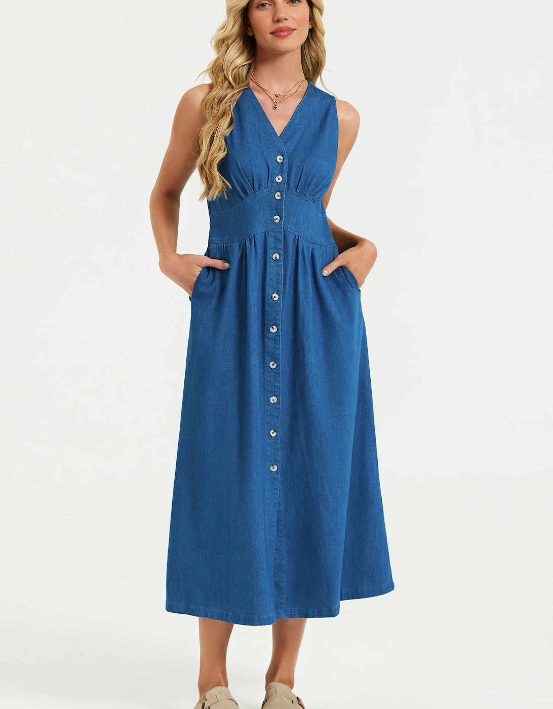 Button Down Denim Midi Dress In Blue, 2 of 1