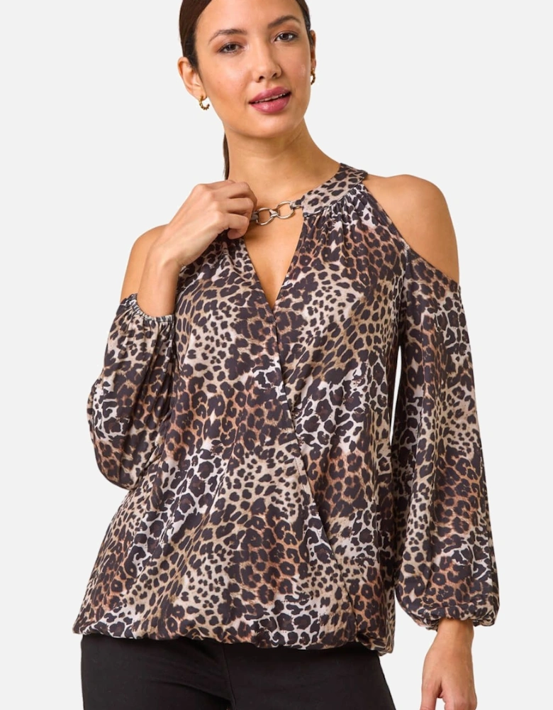 Animal Print Cold Shoulder Stretch Top