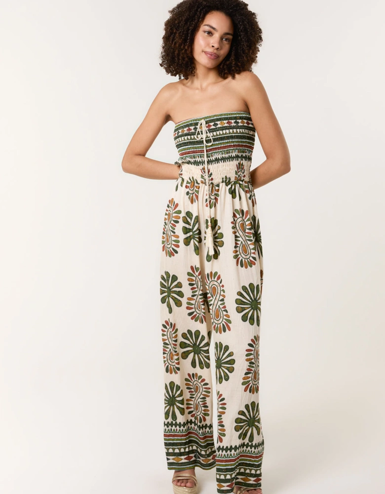 Khaki Strapless Elasticated Printed Jumpsuit