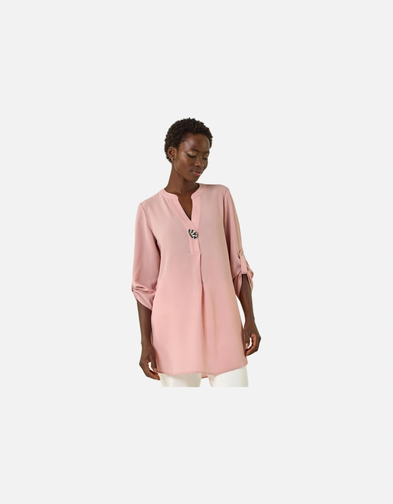Button Detail V-Neck Longline Tunic Blouse