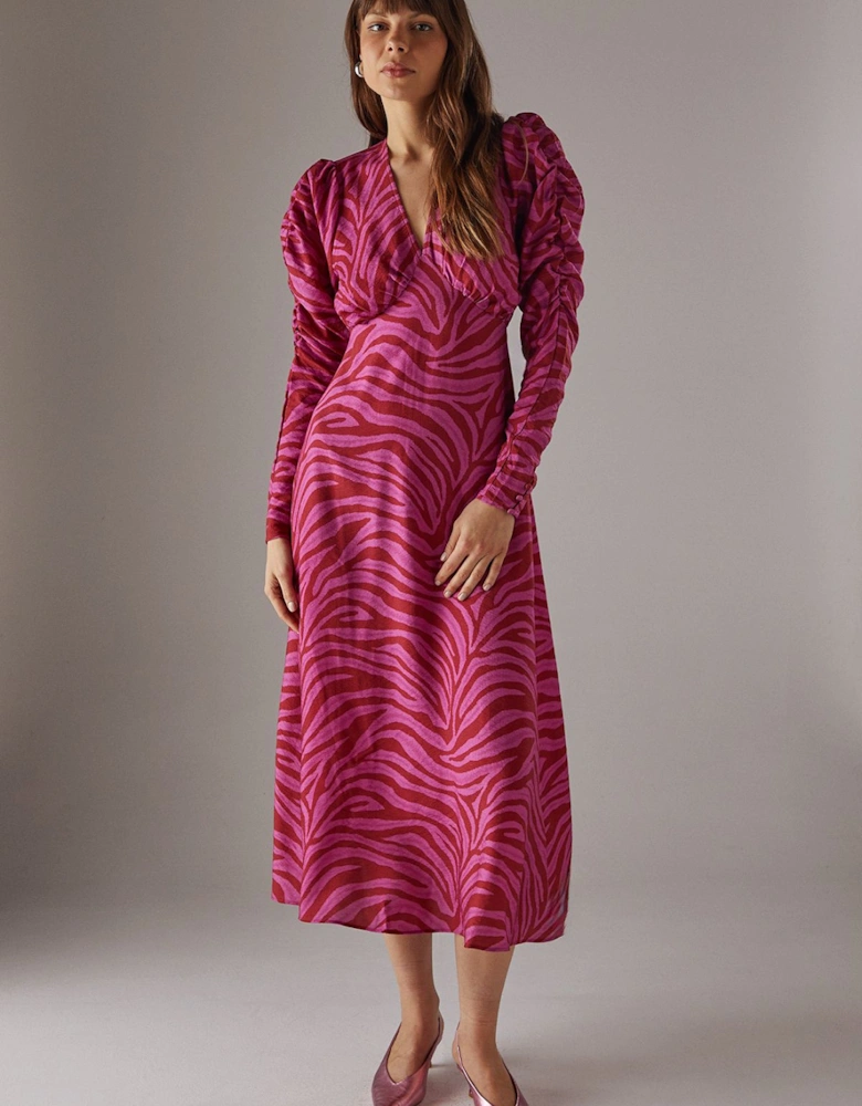 Pink Zebra Print Viscose V Neck Long Puff Sleeve Midi Dress