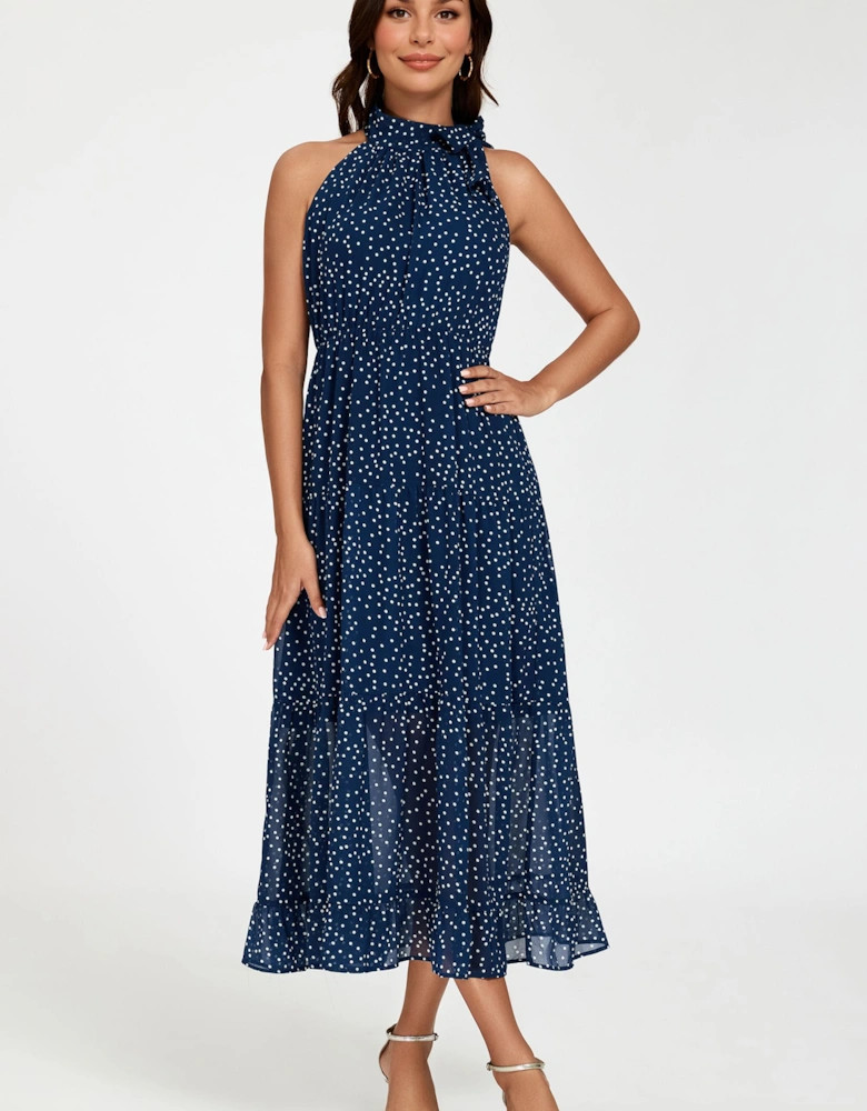 Dot Print Halter Neck Maxi Dress In Navy