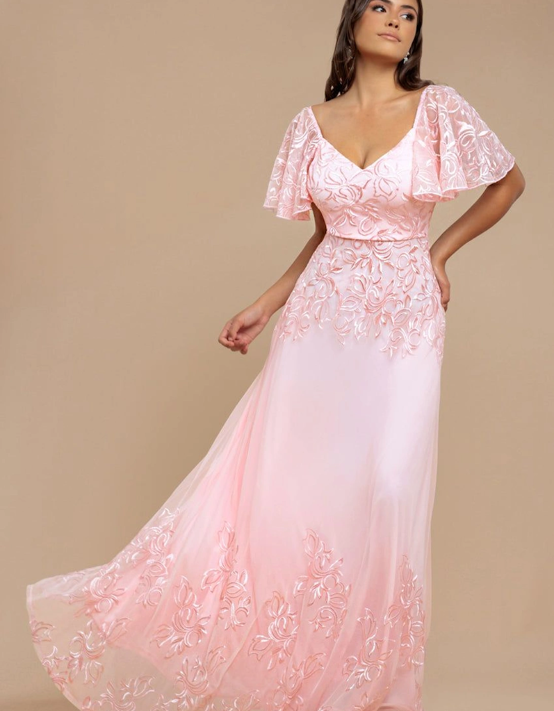 Lace Flutter Sleeve Embroidered Mesh A Line Maxi Dress, 2 of 1