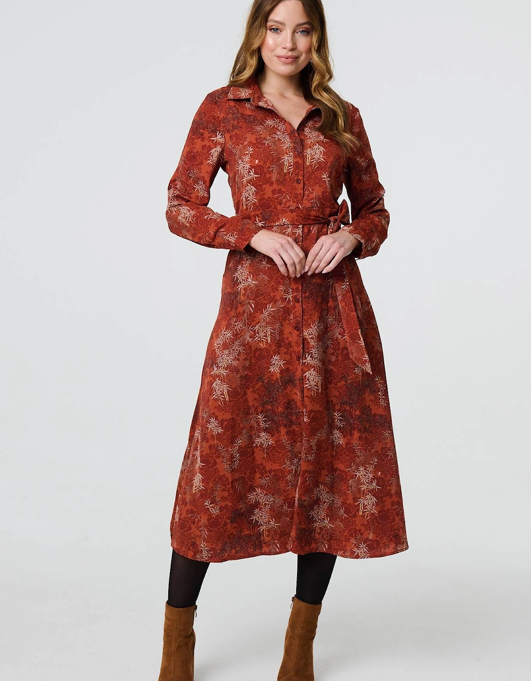 Leaf Print Tie Waist Midi Shirt Dress, 2 of 1