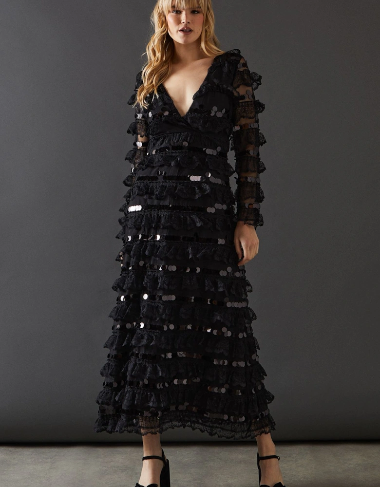 Premium Lace Sequin Frill Tier Plunge Neck Maxi Dress