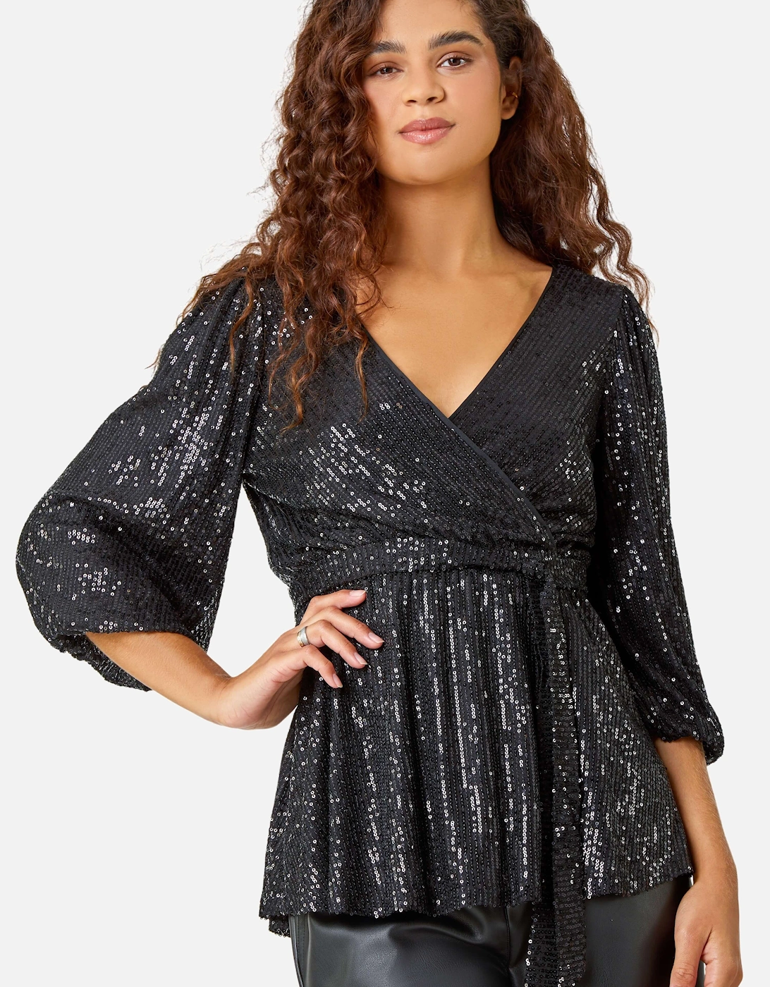 Embellished Sequin Stretch V-Neck  Wrap Top, 2 of 1