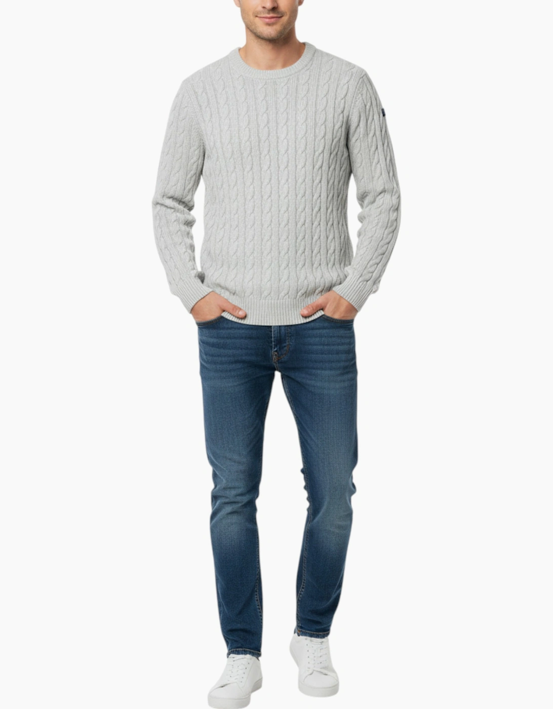 Firetrap Men's Mens Cable Knit Sweatshirt Chunky Crew Neck Pullover Cotton Winter Warm Jumper - Grey - Size: 36