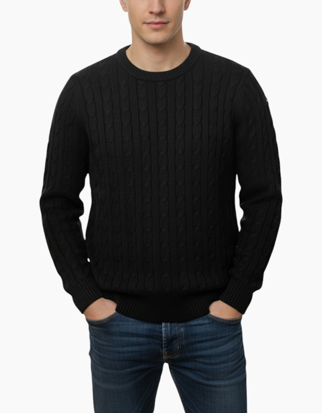 Firetrap Men's Black Cable Knit Sweatshirt Chunky Crew Neck Pullover Cotton Winter Warm Jumper - Size: 42