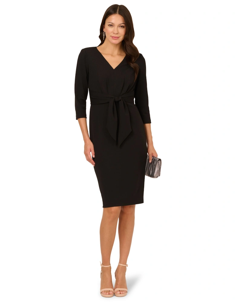 Tie V Neck Knit Crepe Dress