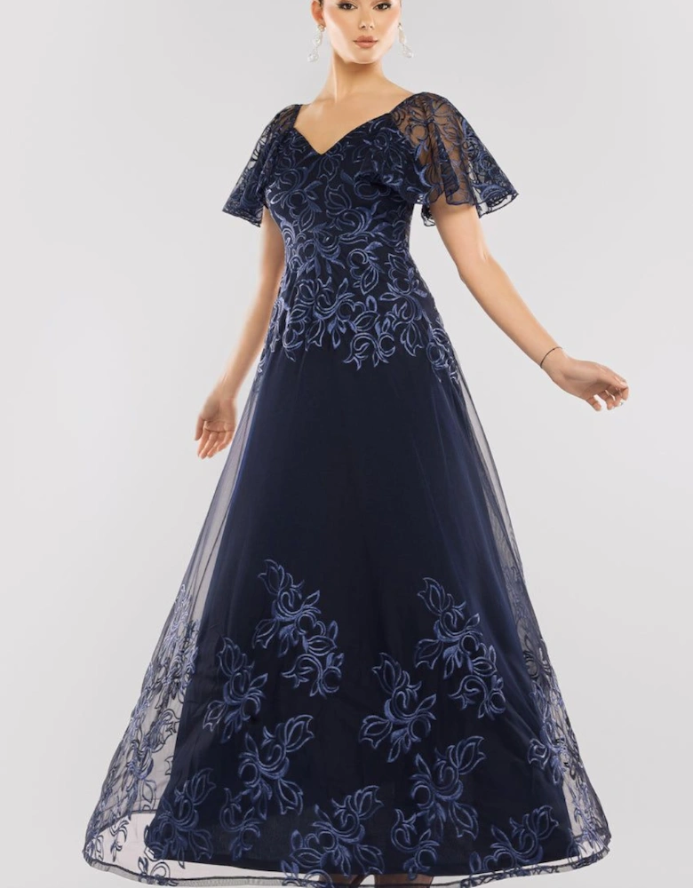Lace Flutter Sleeve Embroidered Mesh A Line Maxi Dress