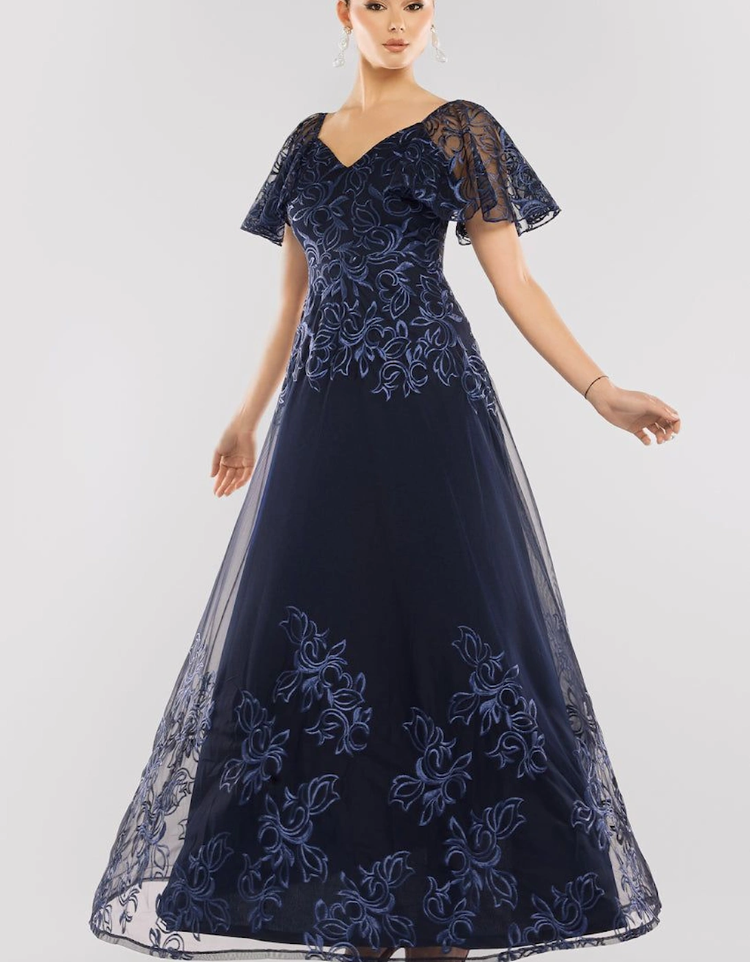Lace Flutter Sleeve Embroidered Mesh A Line Maxi Dress, 2 of 1