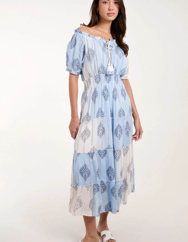 Printed Bardot Tassel Midi Dress